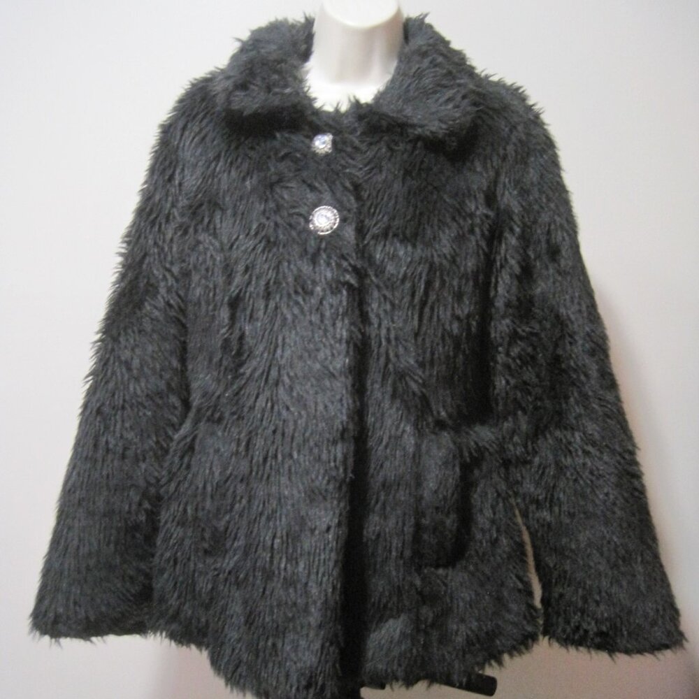 Paris Blues Coat Womens Large Black Shaggy Faux Fur Polyester Open Front Pockets